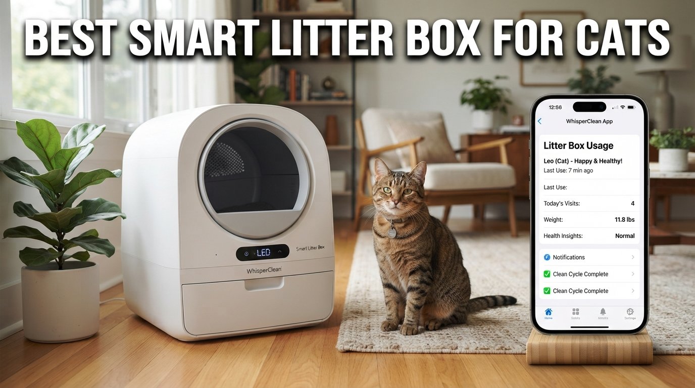 Best smart litter box for cats featuring an app-controlled self-cleaning litter box and a healthy indoor cat in a modern home.