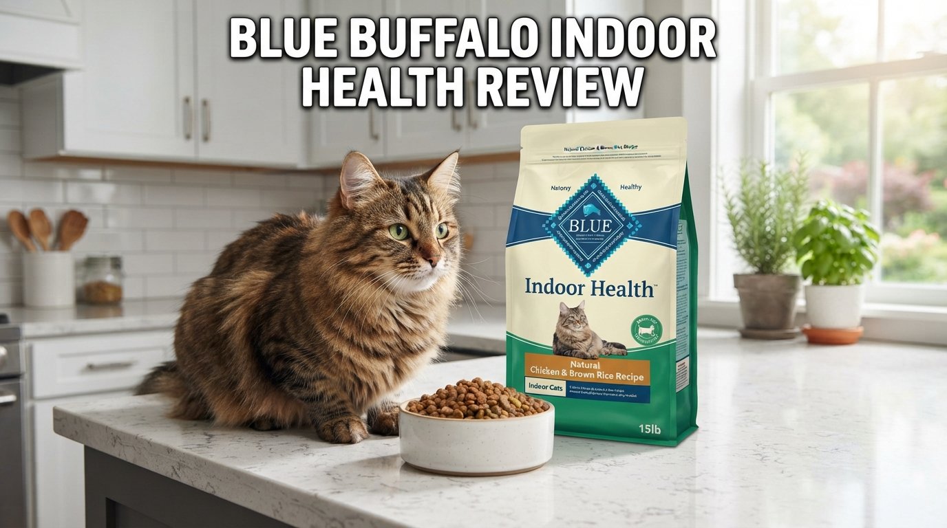 Blue Buffalo Indoor Health review featuring a premium cat food bag and a healthy indoor tabby cat in a modern kitchen.