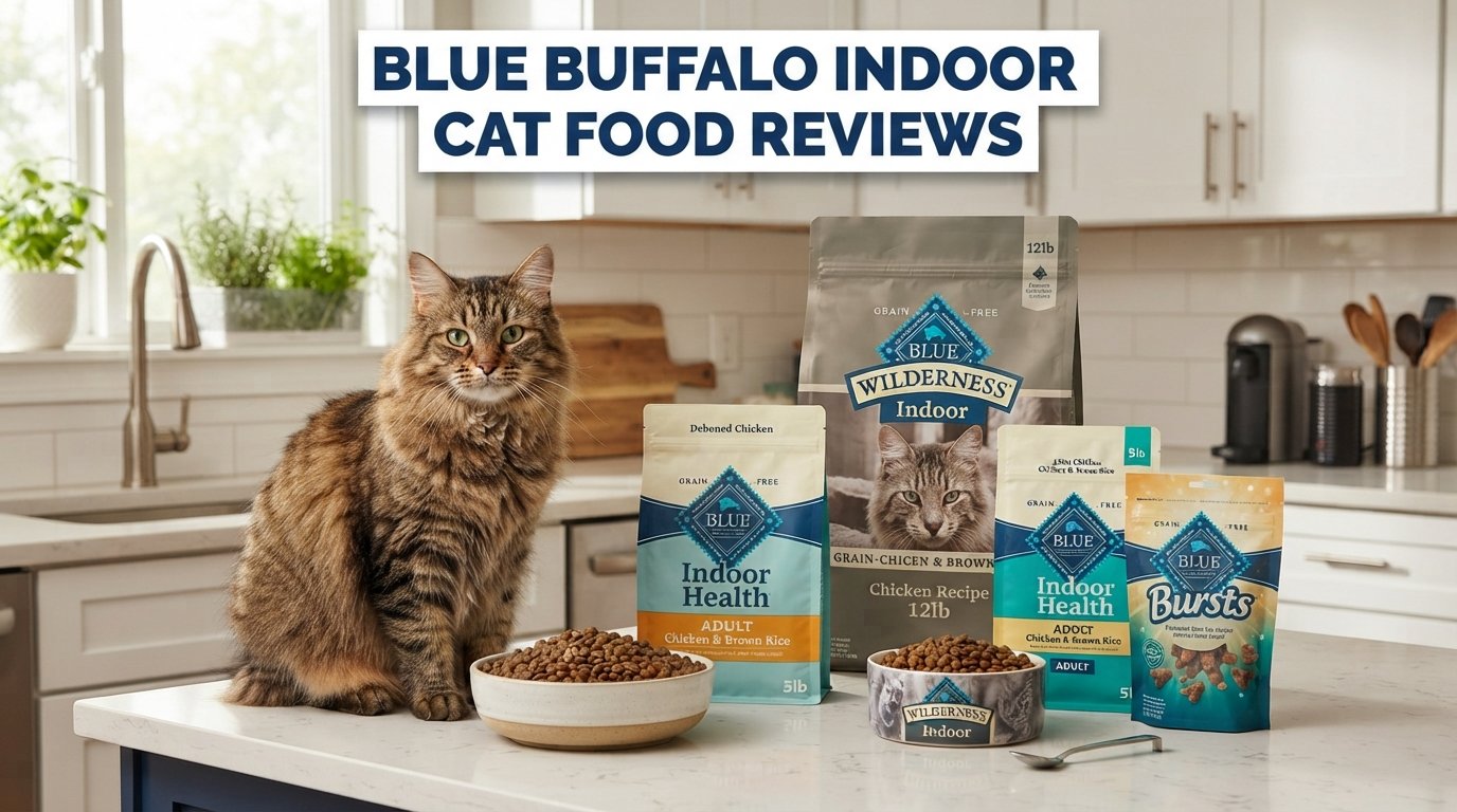 Blue Buffalo indoor cat food reviews featuring premium indoor cat food products and a healthy tabby cat in a modern kitchen.