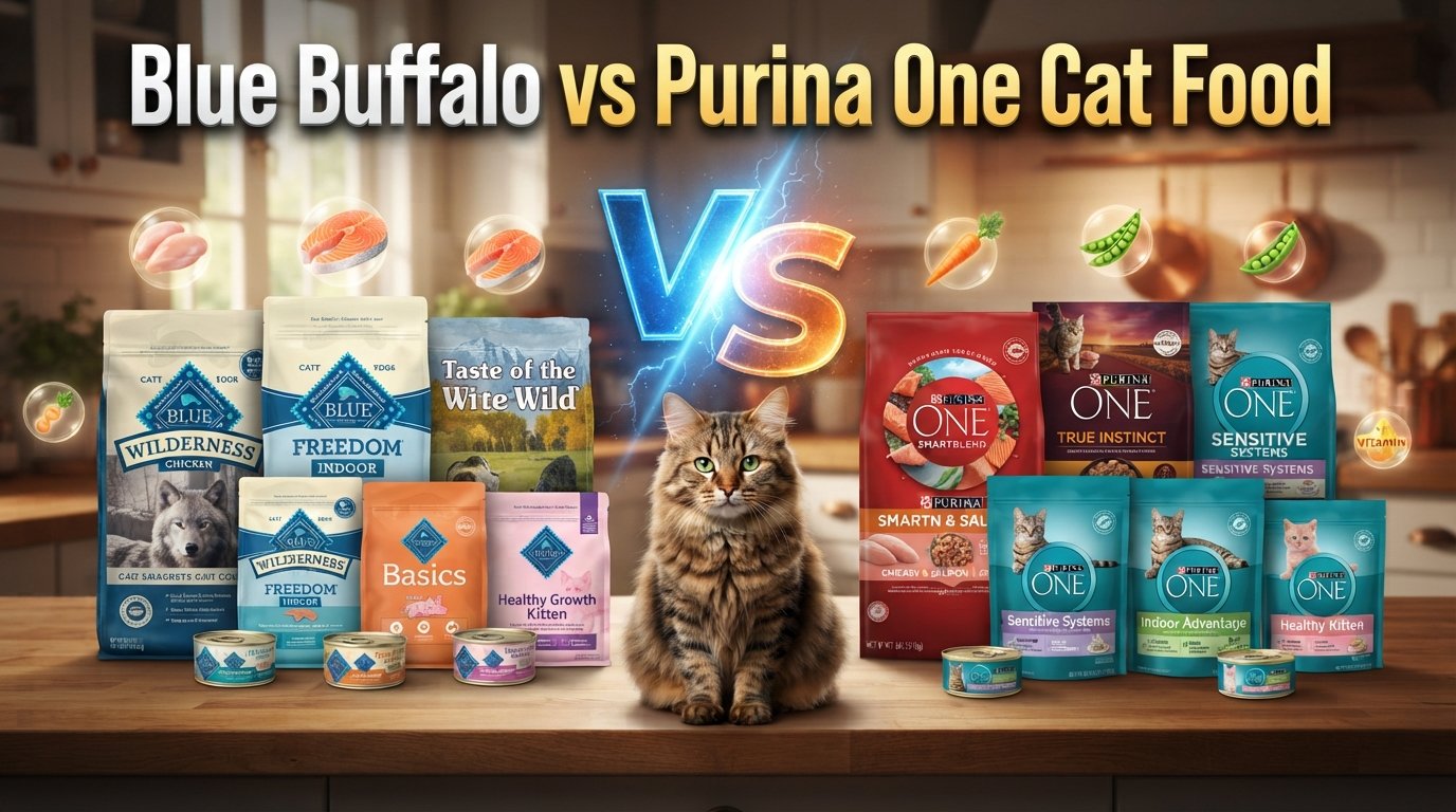 Blue Buffalo vs Purina One cat food comparison featuring five products from each brand and a healthy tabby cat in a modern kitchen.