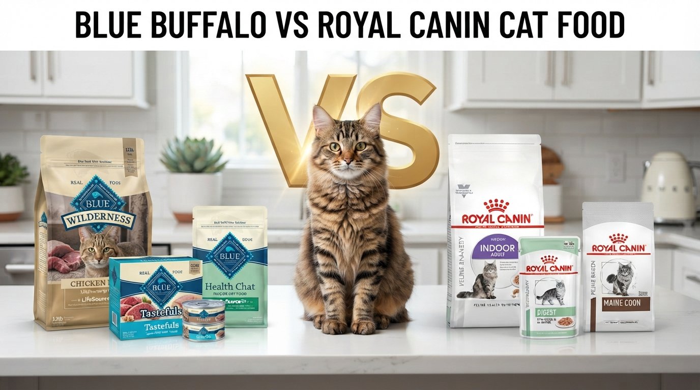 Blue Buffalo vs Royal Canin Cat Food comparison featuring products from both brands and a healthy tabby cat.