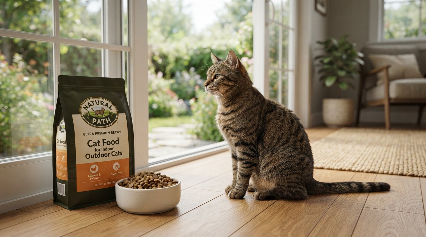 Cat food for indoor outdoor cats displayed with a healthy cat beside premium cat food in a modern home and garden setting.
