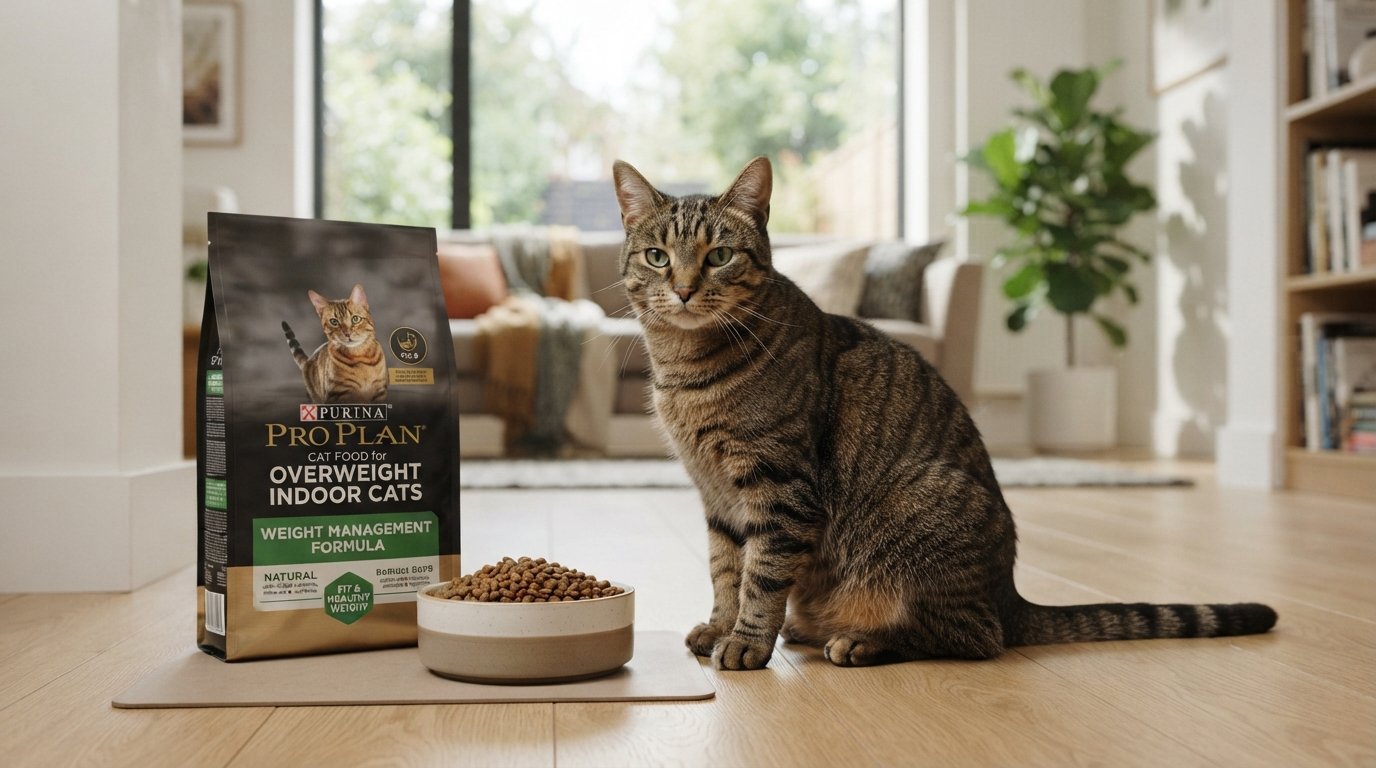 Cat food for overweight indoor cats displayed with a healthy indoor tabby cat and premium weight management formula in a modern living room.