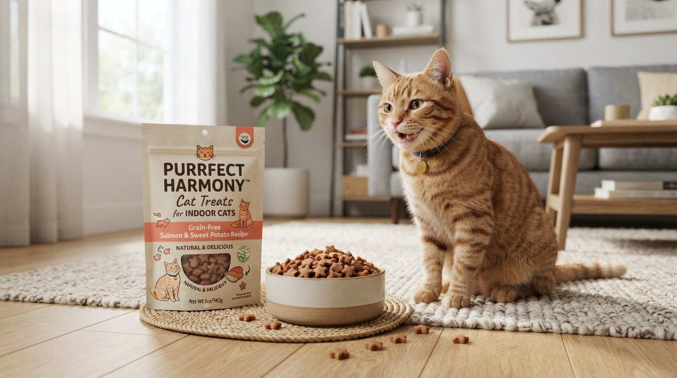 Cat treats for indoor cats displayed with a healthy indoor tabby cat and premium treats in a modern living room.