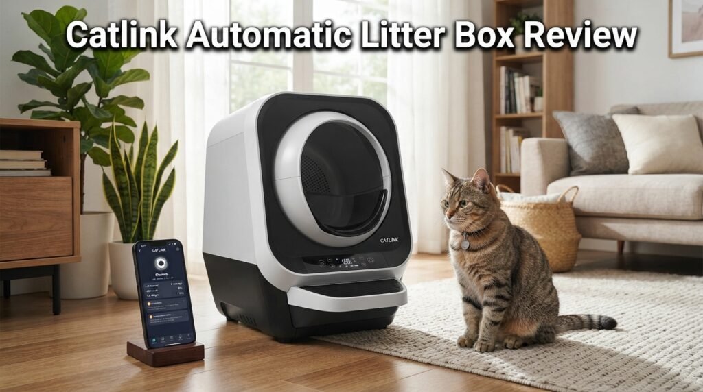 Catlink Automatic Litter Box review featuring a premium self-cleaning litter box and a healthy indoor cat in a modern home.