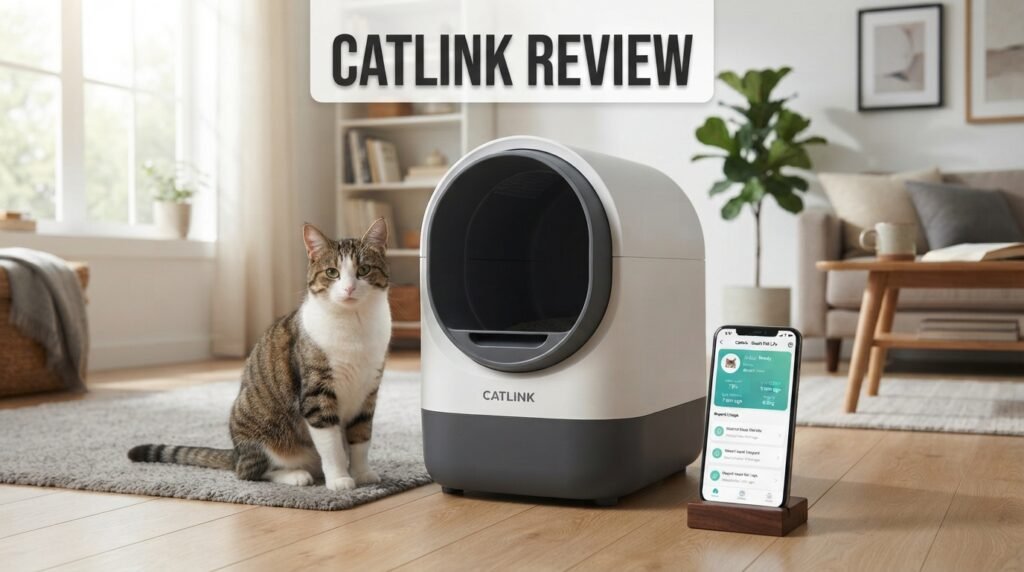 Catlink review featuring a premium self-cleaning litter box and a healthy indoor cat in a modern home.