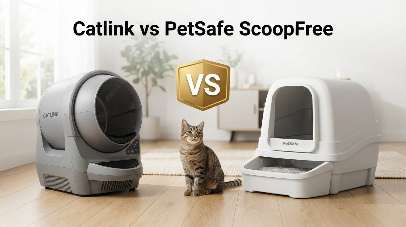 Catlink vs PetSafe ScoopFree comparison showing two automatic litter boxes for indoor cats in a modern home.