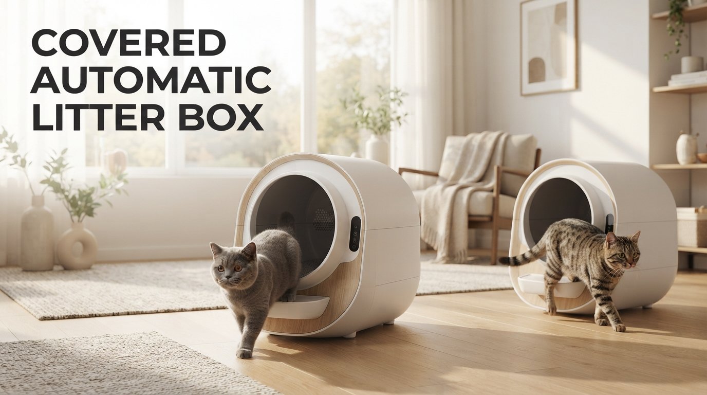 Covered Automatic Litter Box featuring a premium self-cleaning enclosed litter box designed for indoor cats with excellent odor control and smart features.