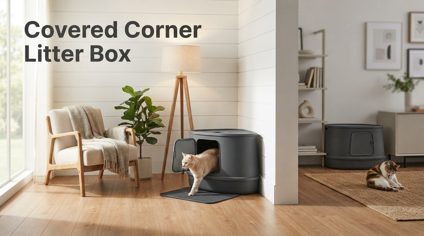 Covered Corner Litter Box featuring a space-saving enclosed litter box designed to fit neatly into room corners.