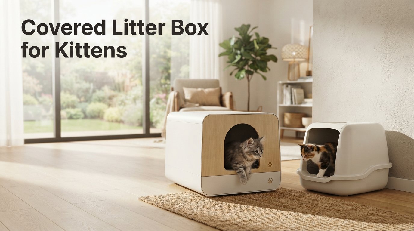 Covered Litter Box for Kittens featuring a safe, spacious covered litter box designed for young indoor kittens.