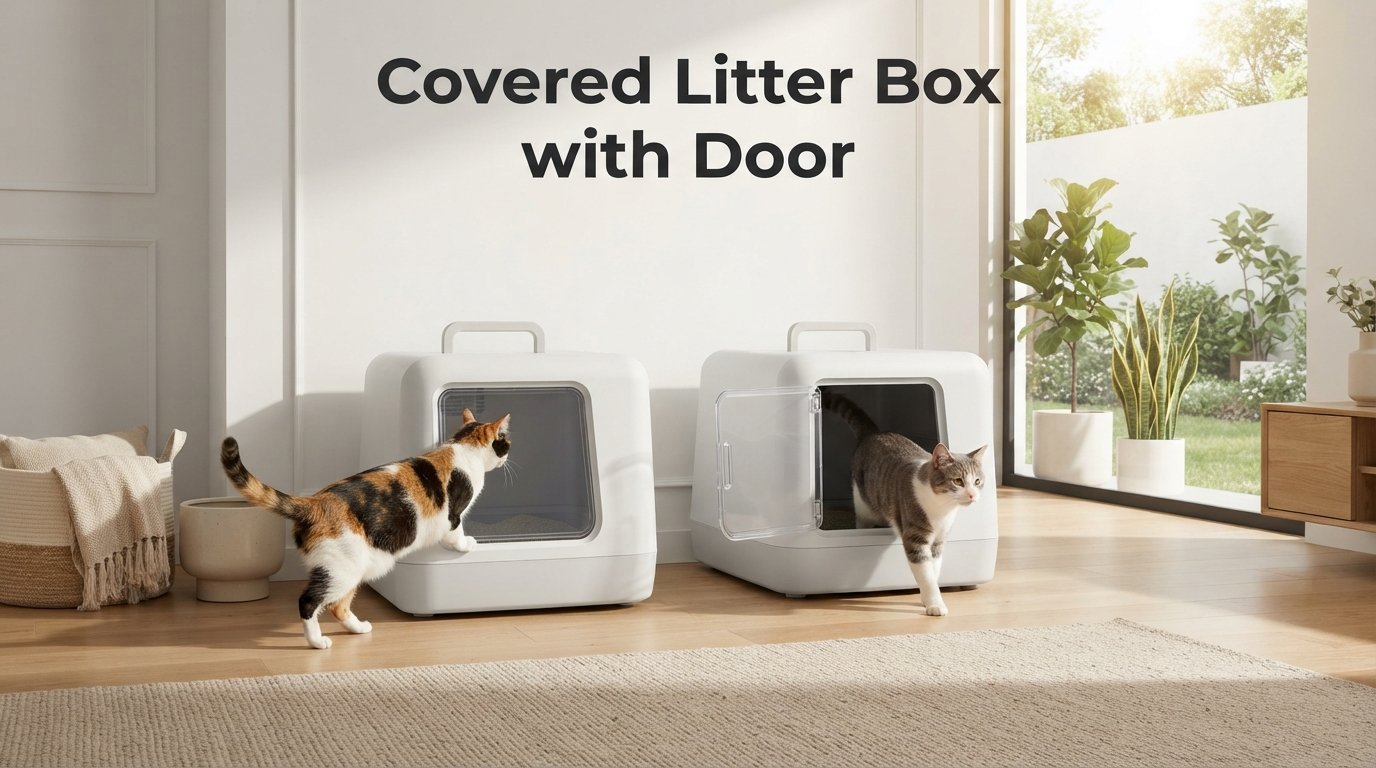 Covered Litter Box with Door featuring an enclosed litter box with a swinging door for added privacy, odor control, and reduced litter tracking.
