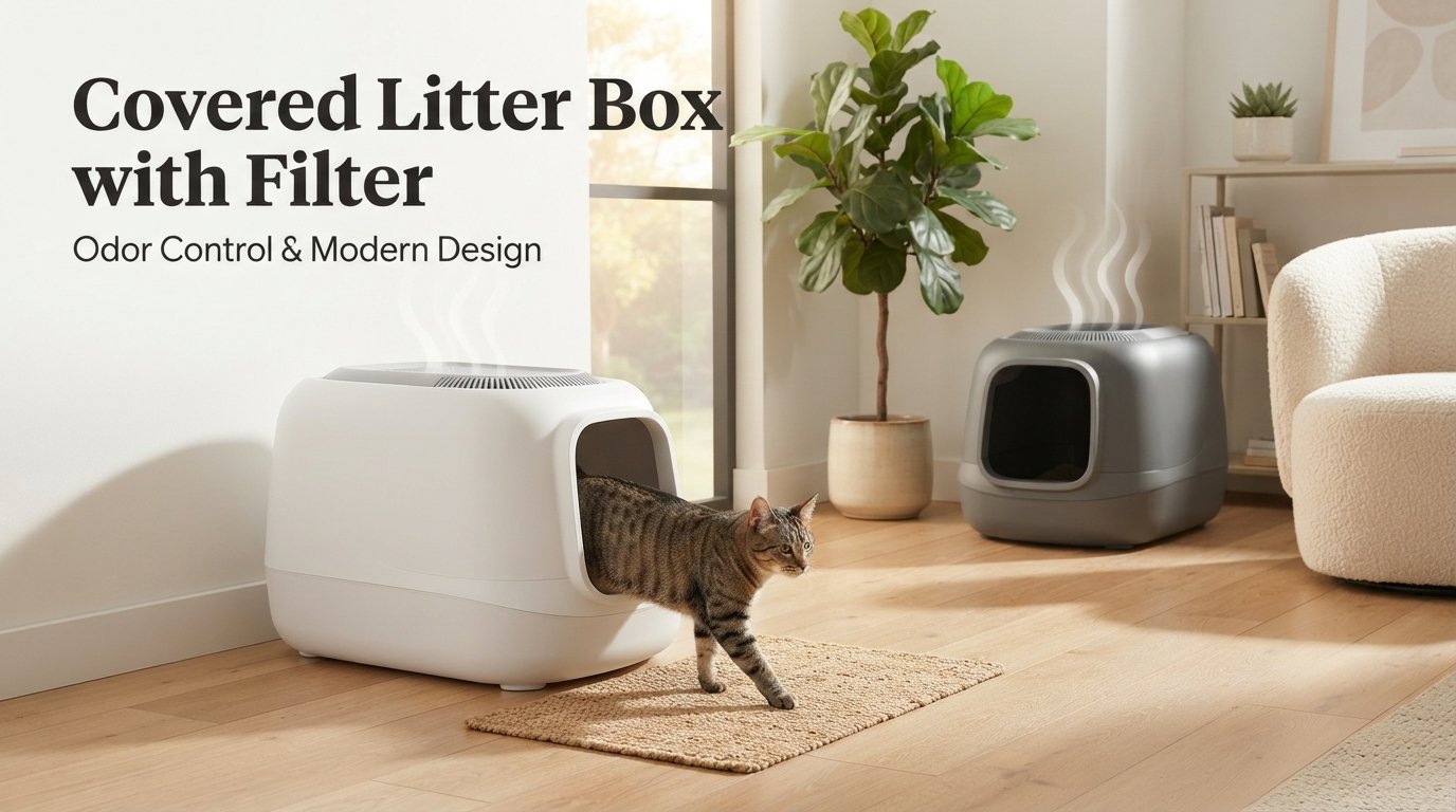 Covered Litter Box with Filter featuring an enclosed litter box with a built-in carbon filter for improved odor control and a fresher litter area.