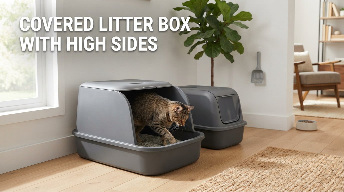 Covered Litter Box with High Sides featuring an enclosed litter box with tall walls to reduce litter scatter and improve odor control.