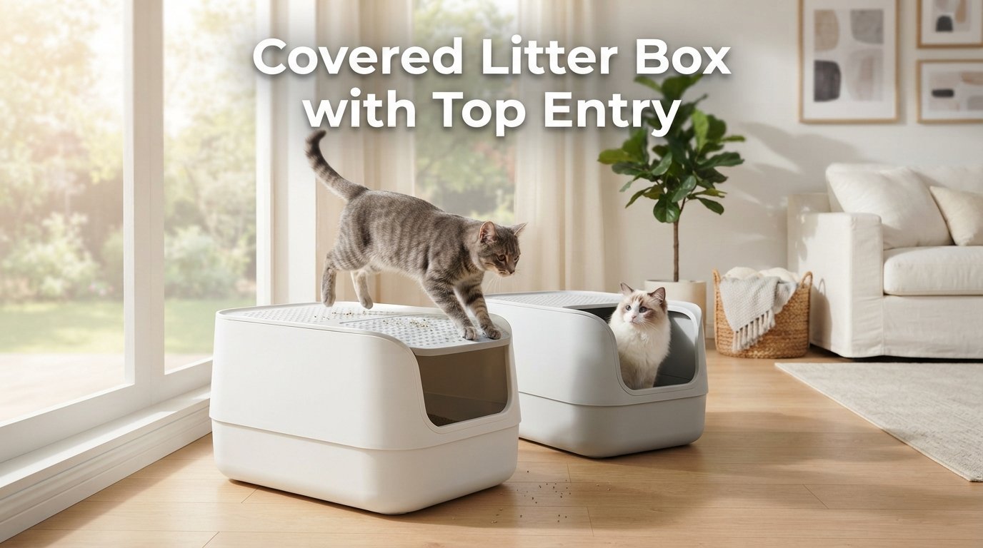 Covered Litter Box with Top Entry featuring a modern enclosed top-entry litter box that helps reduce litter tracking and control odors.