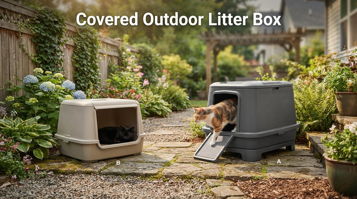 Covered Outdoor Litter Box featuring a durable weather-resistant enclosed litter box designed for outdoor use.