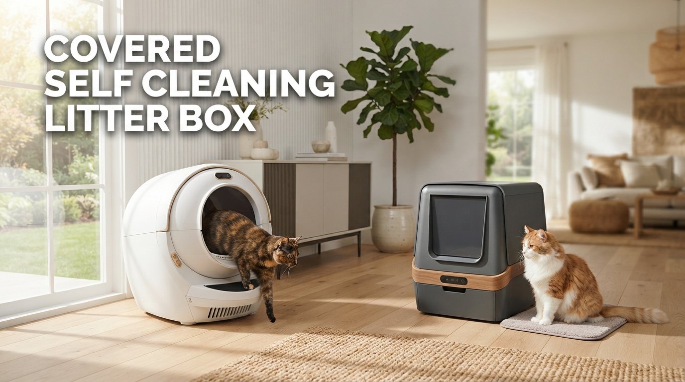 Covered Self Cleaning Litter Box featuring a premium automatic enclosed litter box designed for indoor cats with smart cleaning and superior odor control.