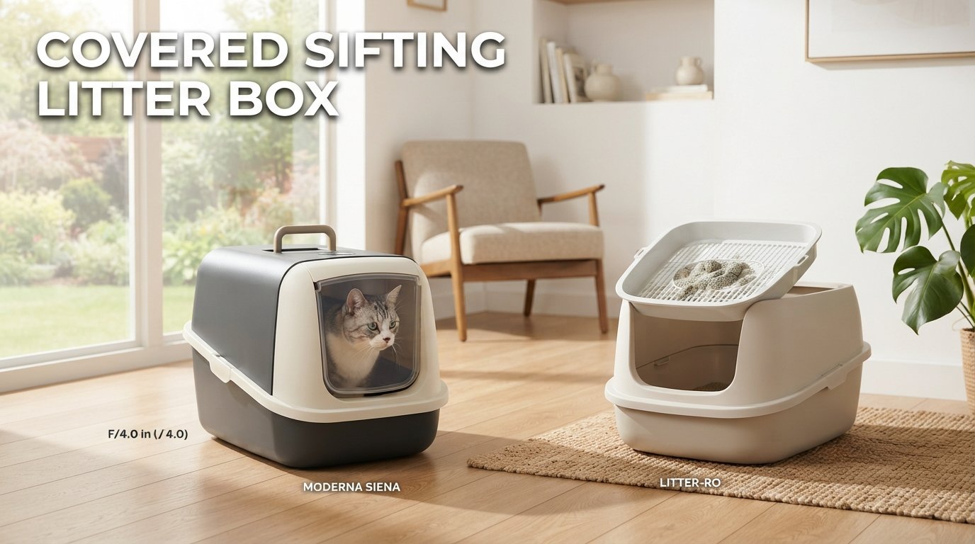 Covered Sifting Litter Box featuring a premium enclosed sifting litter box for indoor cats with easy cleaning and excellent odor control.