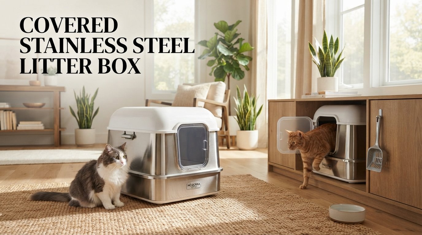 Covered Stainless Steel Litter Box featuring a premium enclosed stainless steel litter box designed for indoor cats with superior odor control and durability.