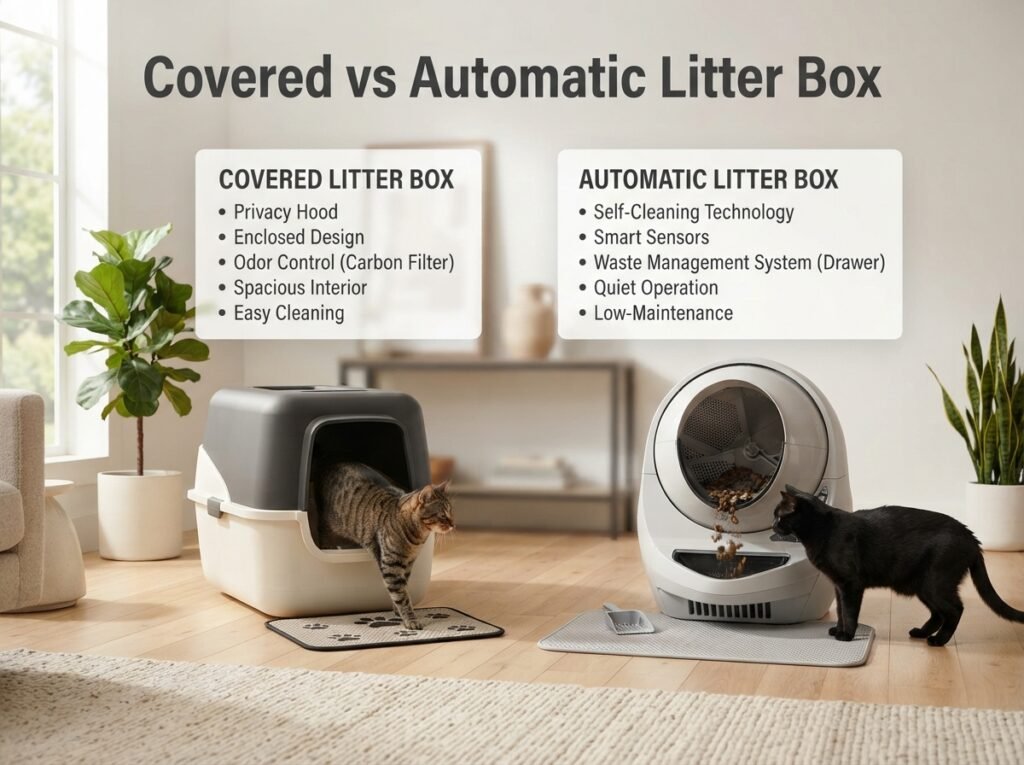 Covered vs Automatic Litter Box comparison showing differences in cleaning, odor control, privacy, and convenience for indoor cats.