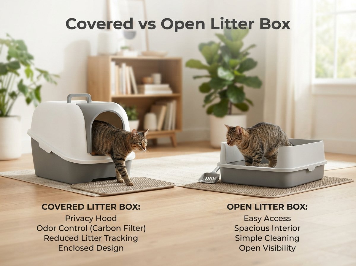 Covered vs Open Litter Box comparison showing differences in privacy, odor control, cleaning, and comfort for indoor cats.