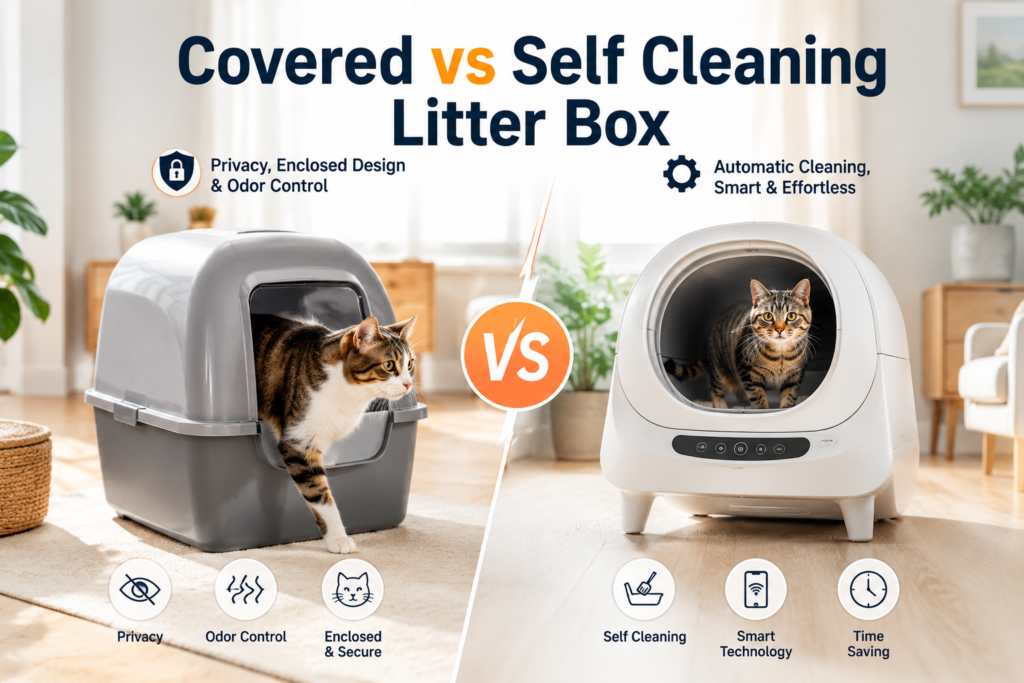 Covered vs Self Cleaning Litter Box comparison showing the differences between a traditional covered litter box and an automatic self-cleaning litter box.
