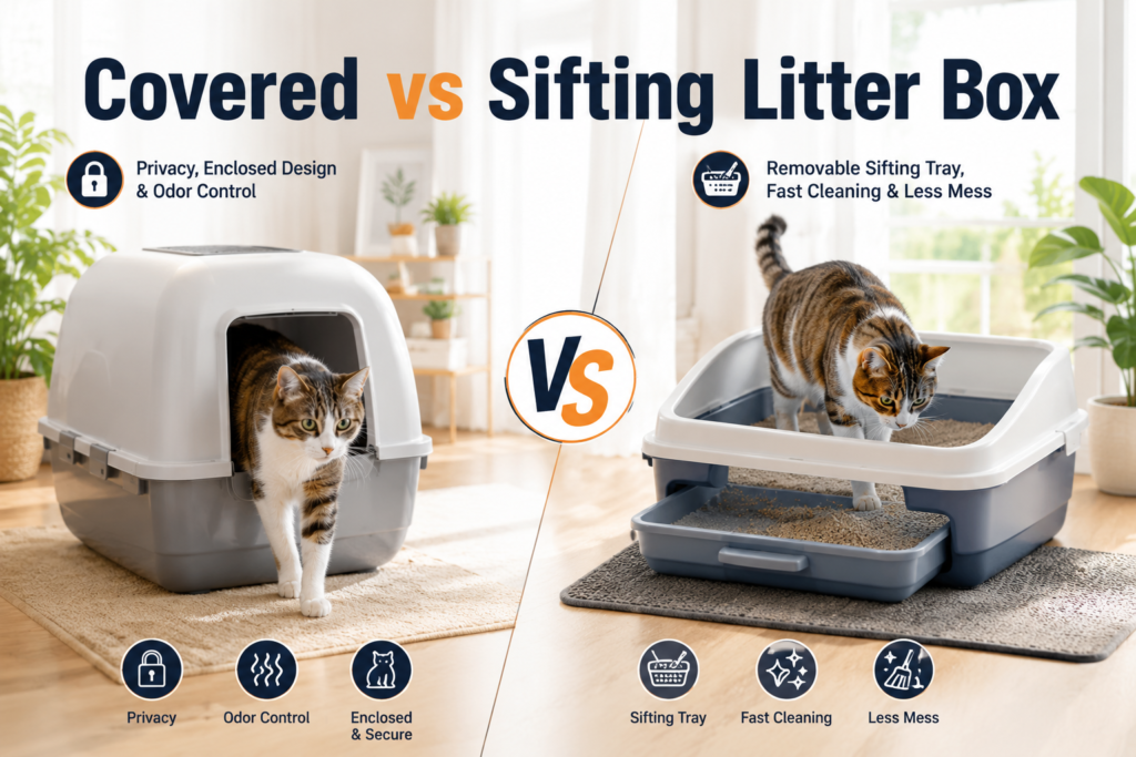Covered vs Sifting Litter Box comparison showing the differences between a covered litter box and a sifting litter box for easy cleaning, odor control, and reduced litter mess.