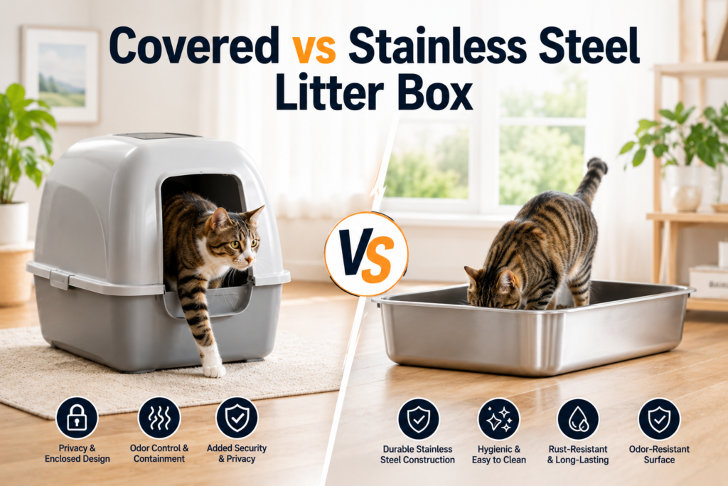 Covered vs Stainless Steel Litter Box comparison showing the differences between a covered litter box and a stainless steel litter box for odor control, durability, and easy cleaning.