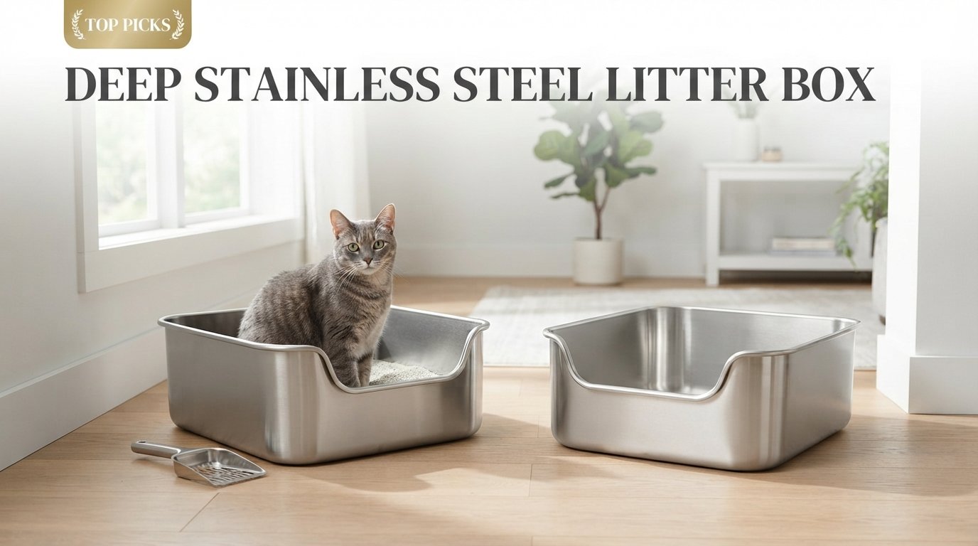 Deep stainless steel litter box featuring extra-deep durable litter boxes for indoor cats in a modern home.