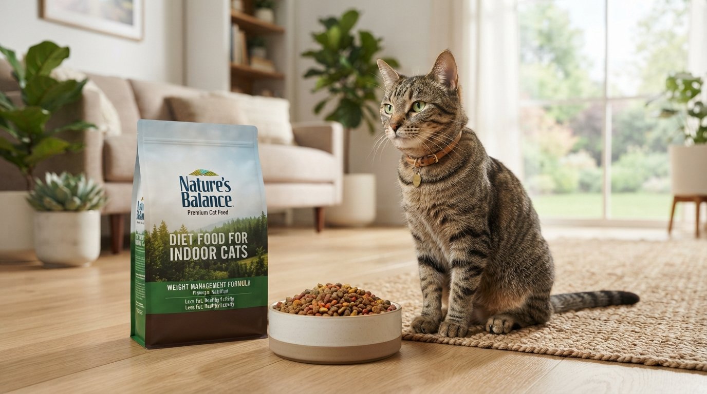 Diet food for indoor cats displayed with a healthy indoor tabby cat and premium weight management formula in a modern living room.