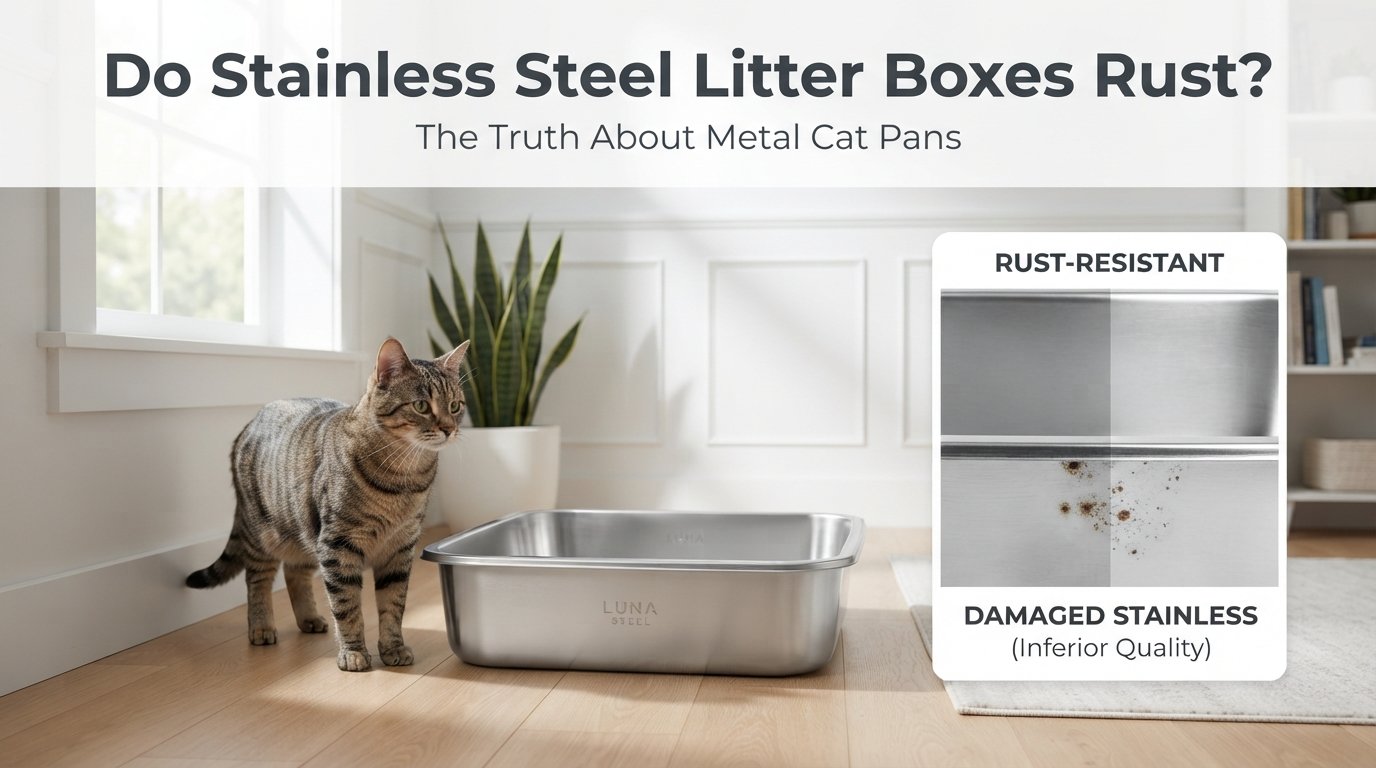 Do Stainless Steel Litter Boxes Rust? showing a rust-resistant stainless steel litter box with a healthy indoor cat.