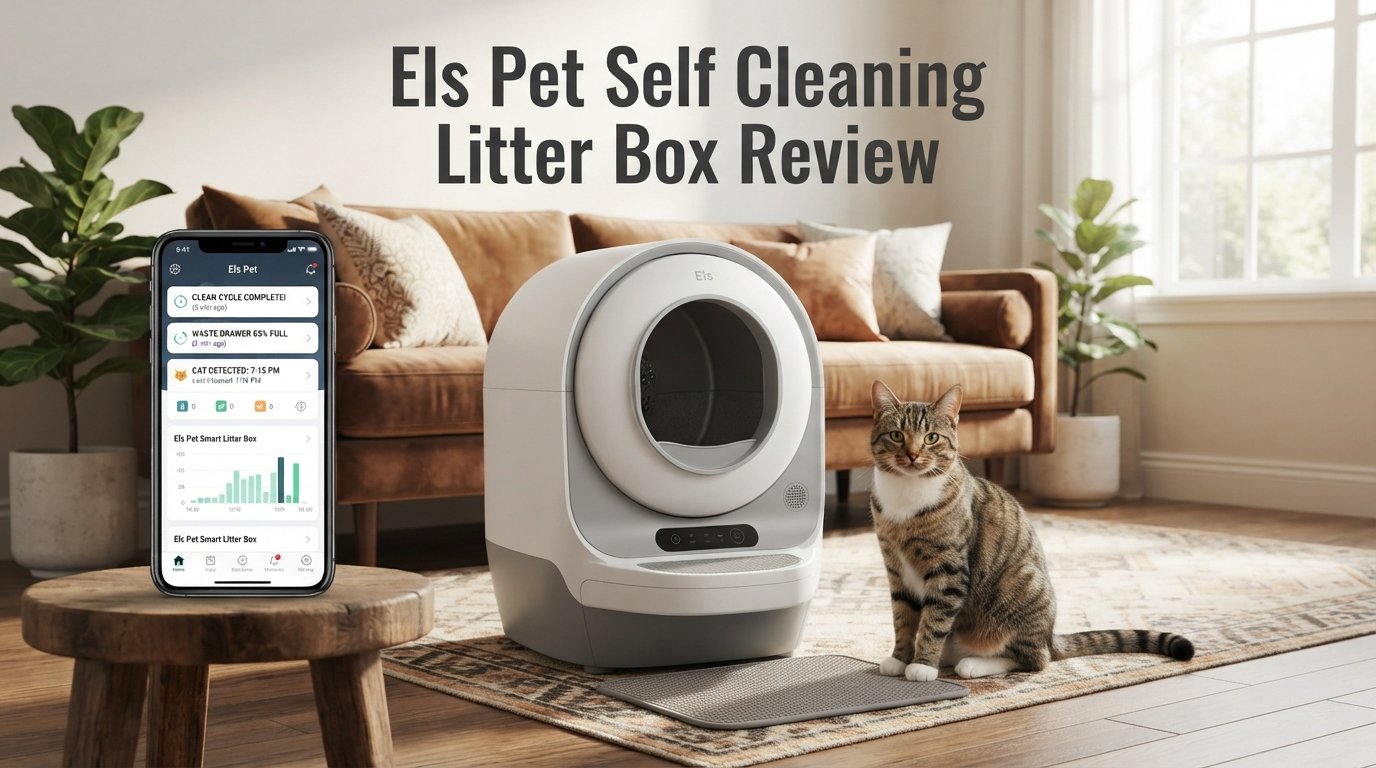 Els Pet Self Cleaning Litter Box review featuring a self-cleaning litter box and a healthy indoor cat in a modern home.