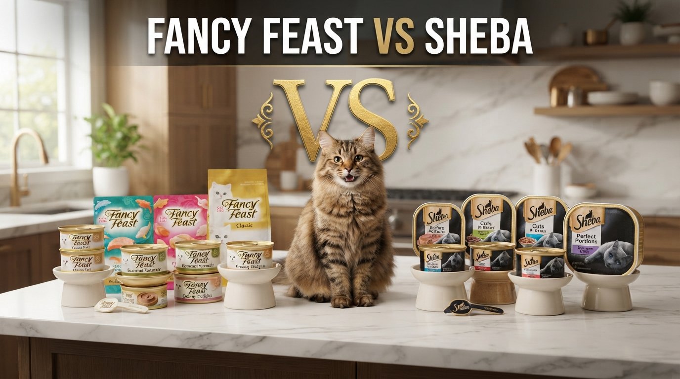 Fancy Feast vs Sheba cat food comparison featuring products from both brands and a healthy tabby cat.
