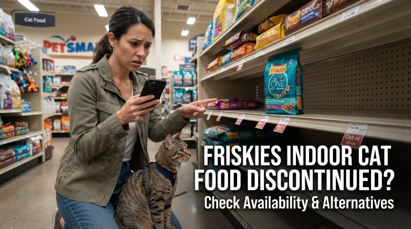 Friskies indoor cat food discontinued update featuring a premium cat food bag and a healthy indoor tabby cat in a pet store setting.
