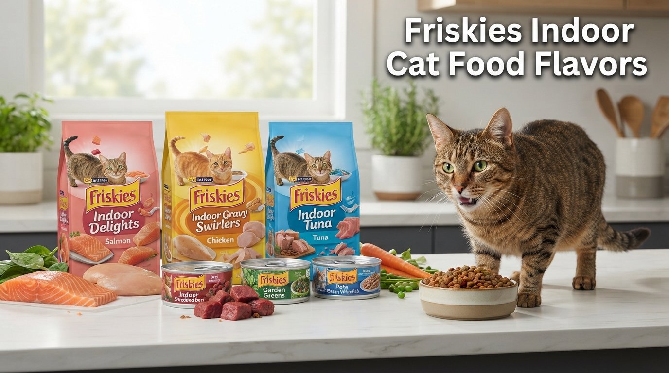 Friskies indoor cat food flavors featuring multiple recipes, premium cat food, and a healthy indoor tabby cat in a modern kitchen.