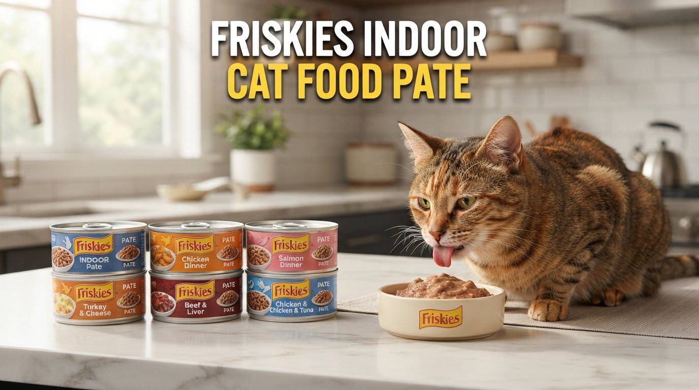 Friskies indoor cat food pate reviews featuring premium pate-style cat food and a healthy indoor tabby cat in a modern kitchen.