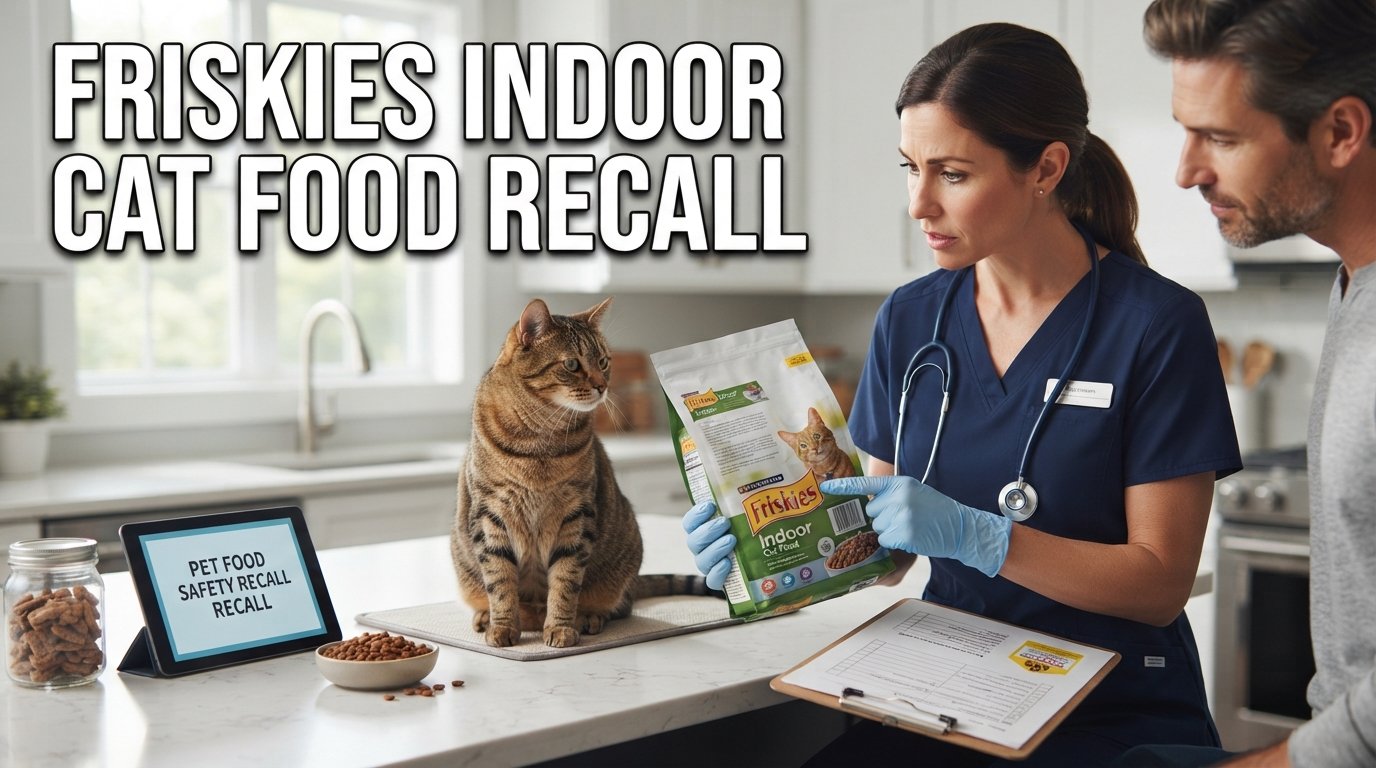 Friskies indoor cat food recall information featuring a premium cat food bag and a healthy indoor tabby cat during a pet food safety inspection.