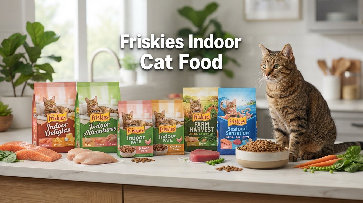 Friskies indoor cat food reviews featuring premium indoor cat food formulas and a healthy tabby cat in a modern kitchen.