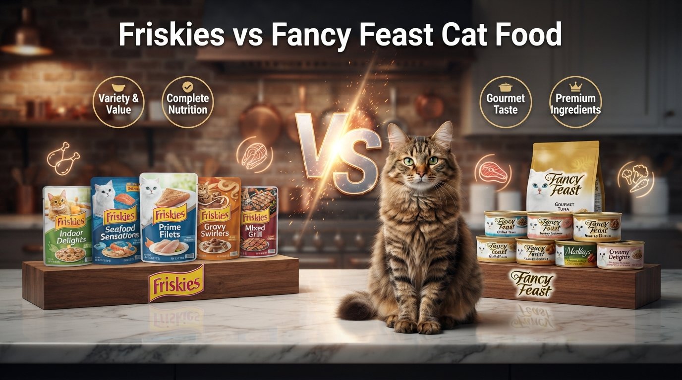 Friskies vs Fancy Feast cat food comparison featuring five products from each brand and a healthy tabby cat in a modern kitchen.