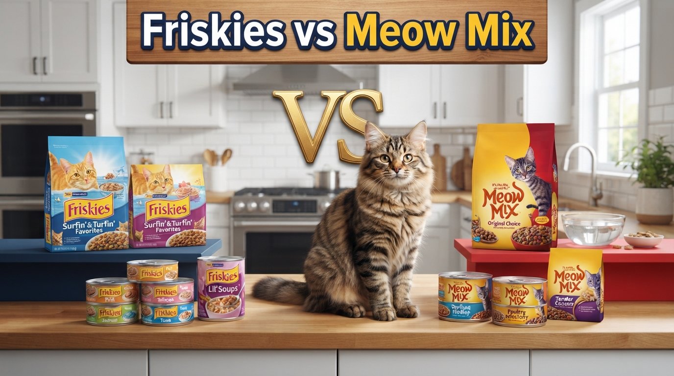 Friskies vs Meow Mix cat food comparison featuring products from both brands and a healthy tabby cat.