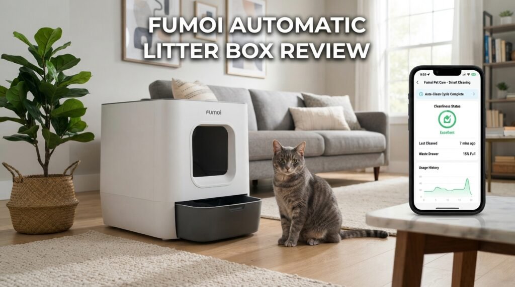 Fumoi Automatic Litter Box review featuring a premium self-cleaning litter box and a healthy indoor cat in a modern home.