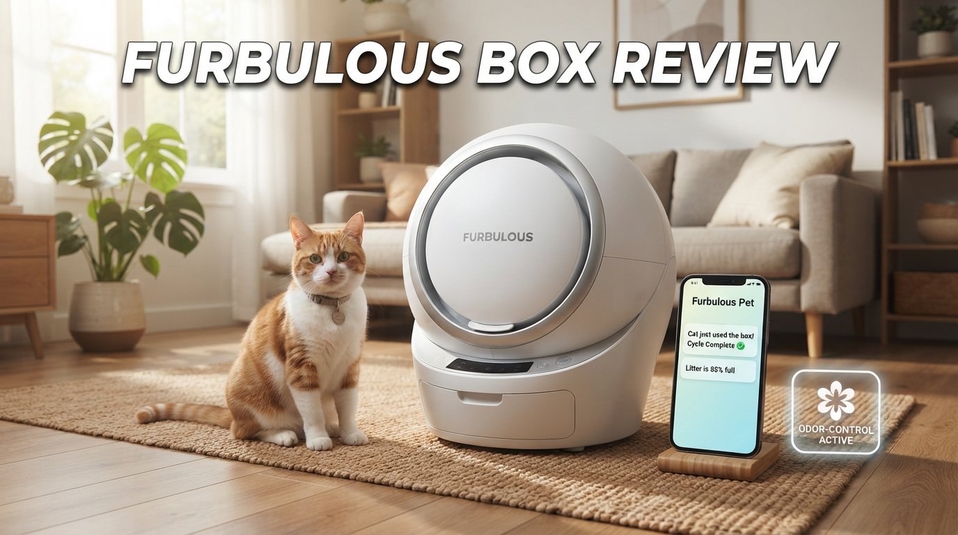 Furbulous Box review featuring a premium self-cleaning litter box and a healthy indoor cat in a modern home.