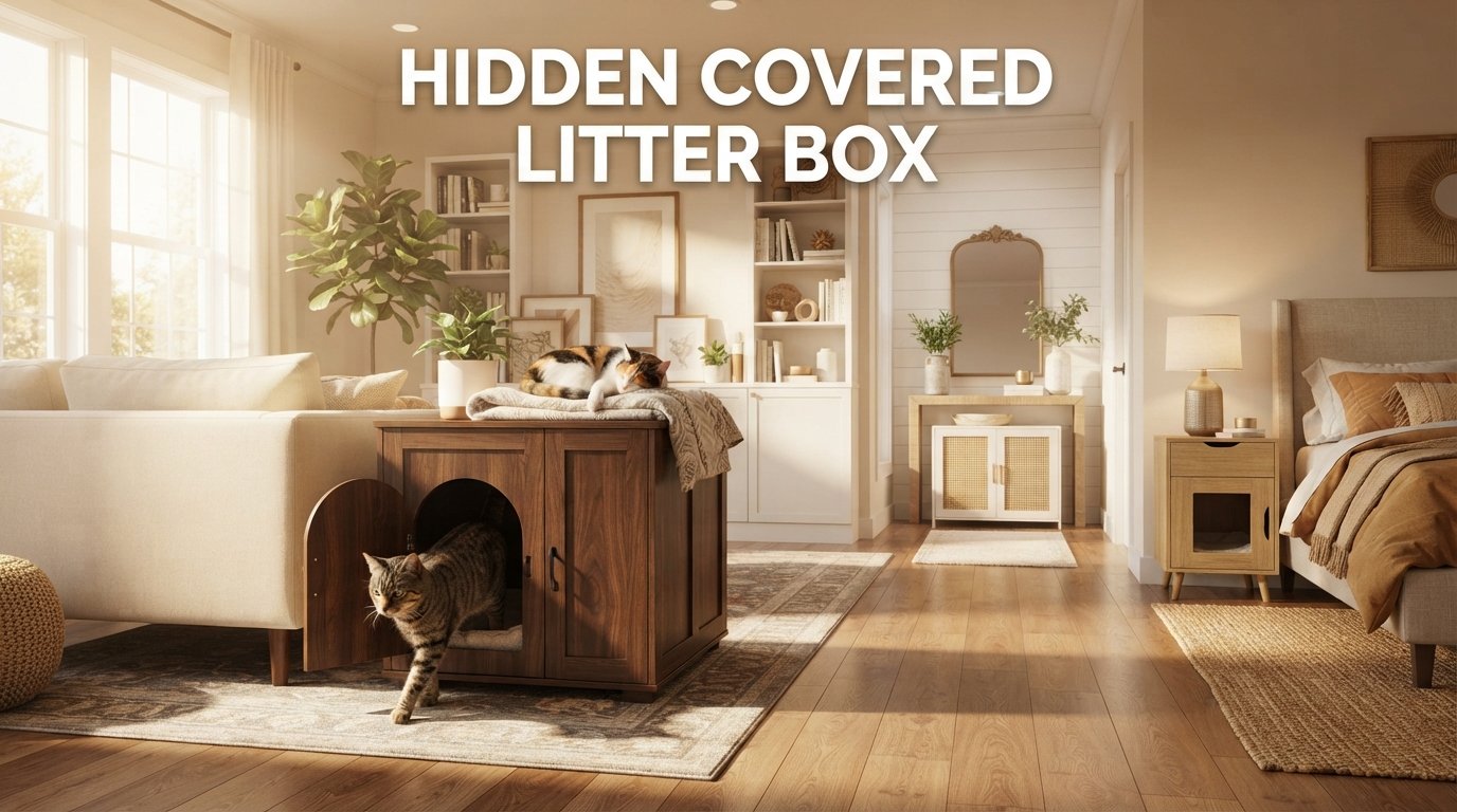 Hidden Covered Litter Box featuring a stylish concealed litter box furniture enclosure that hides the litter area while controlling odors.
