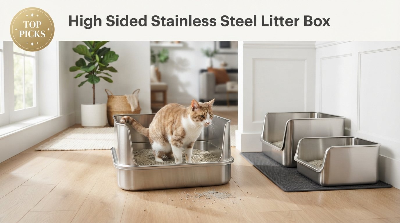 High sided stainless steel litter box featuring durable litter boxes with tall walls to reduce litter scatter in a modern home.