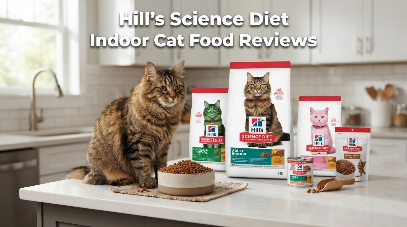 Hill's Science Diet indoor cat food reviews featuring premium indoor cat food products and a healthy tabby cat in a modern kitchen.
