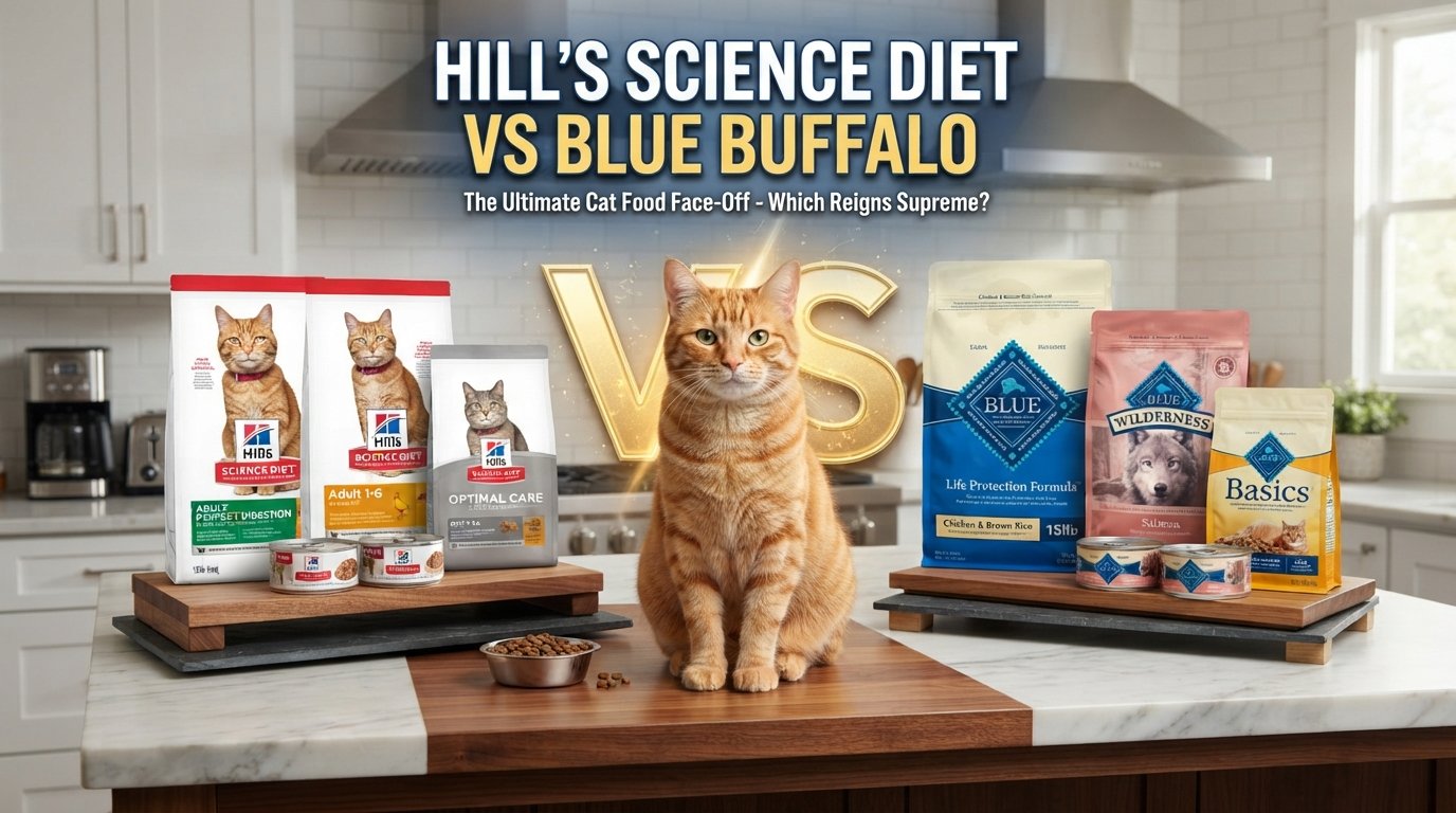 Hill's Science Diet vs Blue Buffalo cat food comparison featuring products from both brands and a healthy tabby cat.