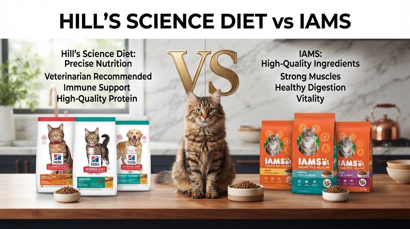 Hill's Science Diet vs IAMS cat food comparison featuring products from both brands and a healthy tabby cat.
