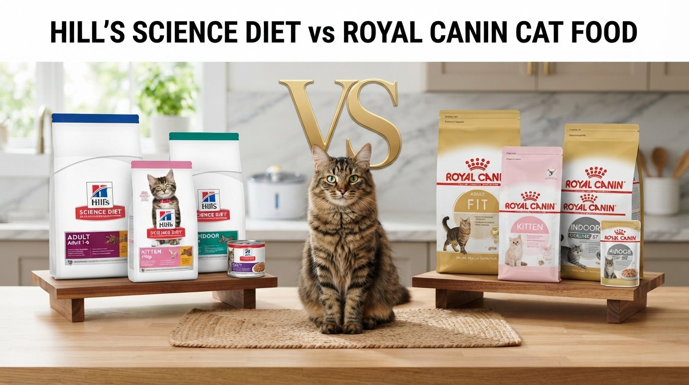 Hill's Science Diet vs Royal Canin Cat Food comparison featuring products from both brands and a healthy tabby cat.