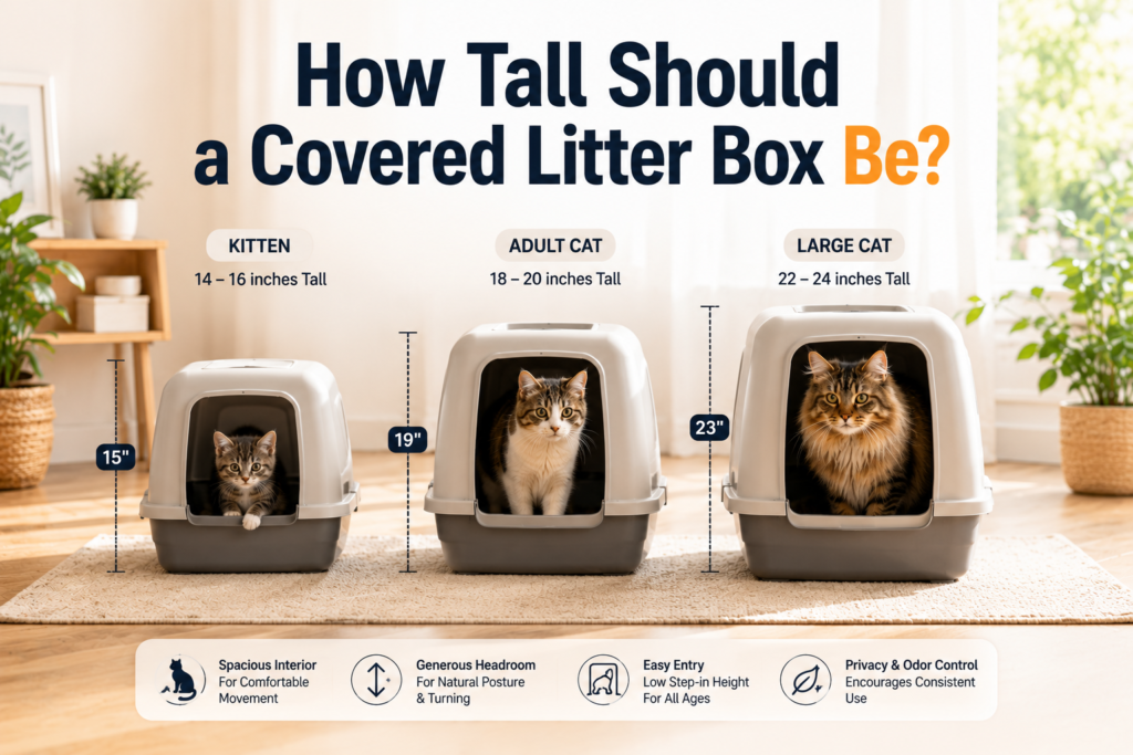 How Tall Should a Covered Litter Box Be showing covered litter boxes of different heights for kittens, adult cats, and large cats.