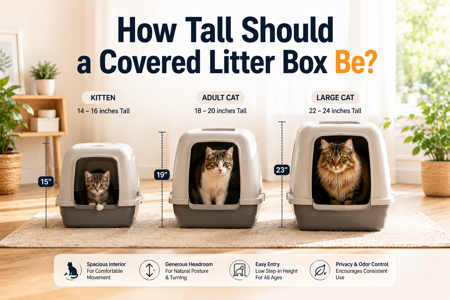 How Tall Should a Covered Litter Box Be showing covered litter boxes of different heights for kittens, adult cats, and large cats.
