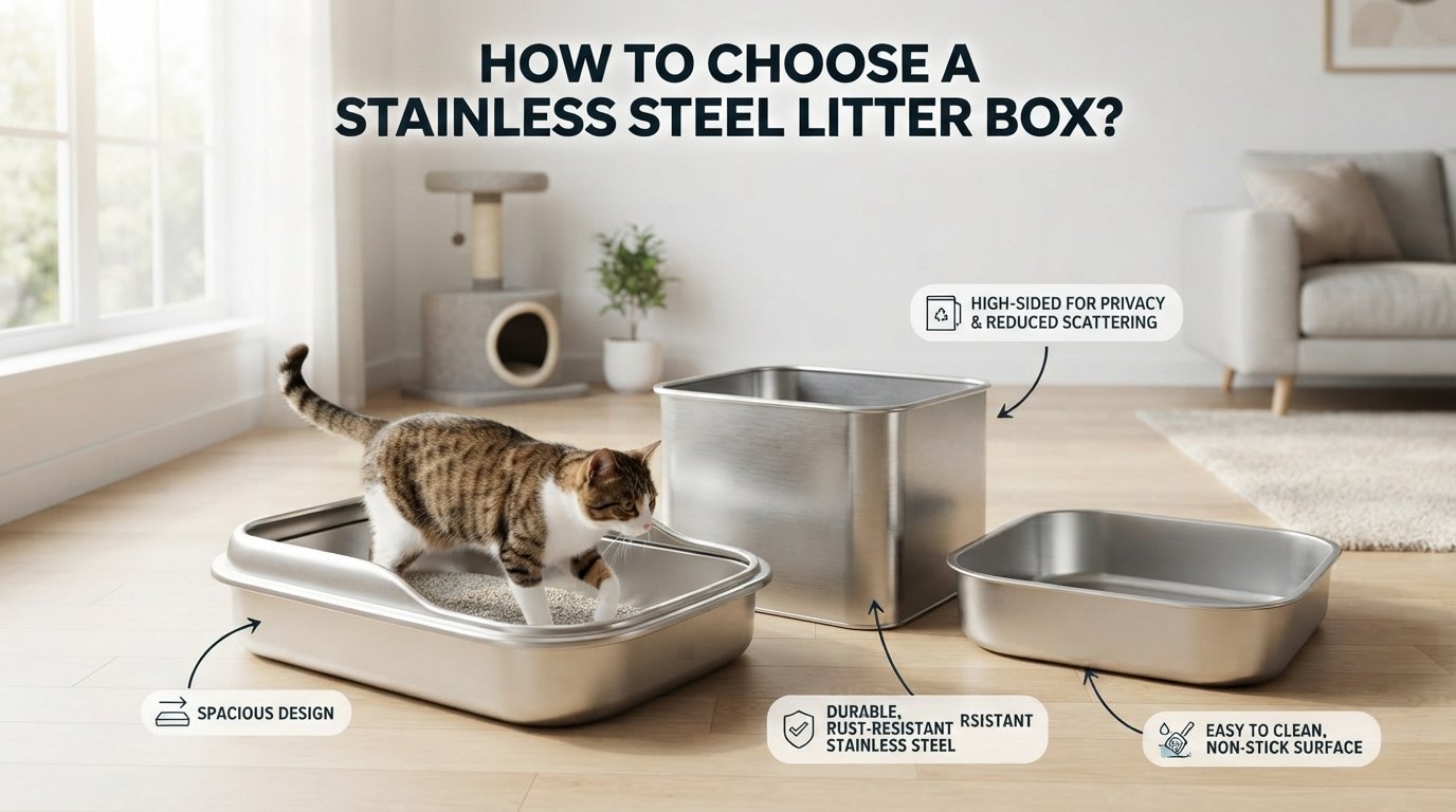 How to Choose a Stainless Steel Litter Box? showing different stainless steel litter box designs and features for cat owners.